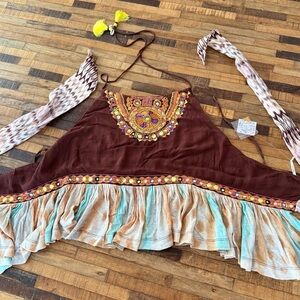 Free People M Bohemian Embroidered Brown and Blue Women's Top